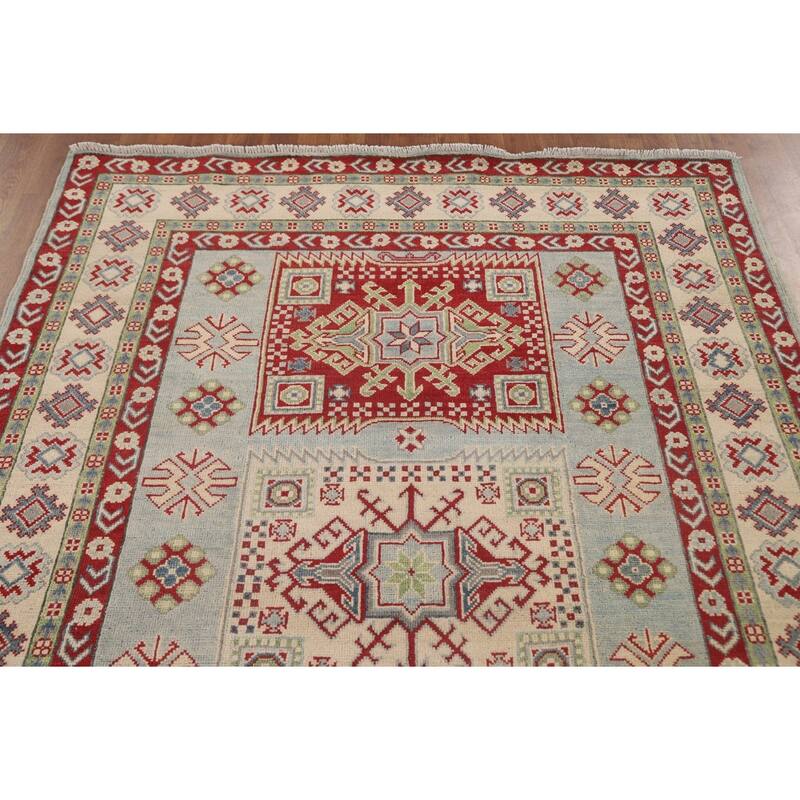Geometric Kazak Area Rug Bedroom Handmade Wool Carpet - 5'1" x 6'10"