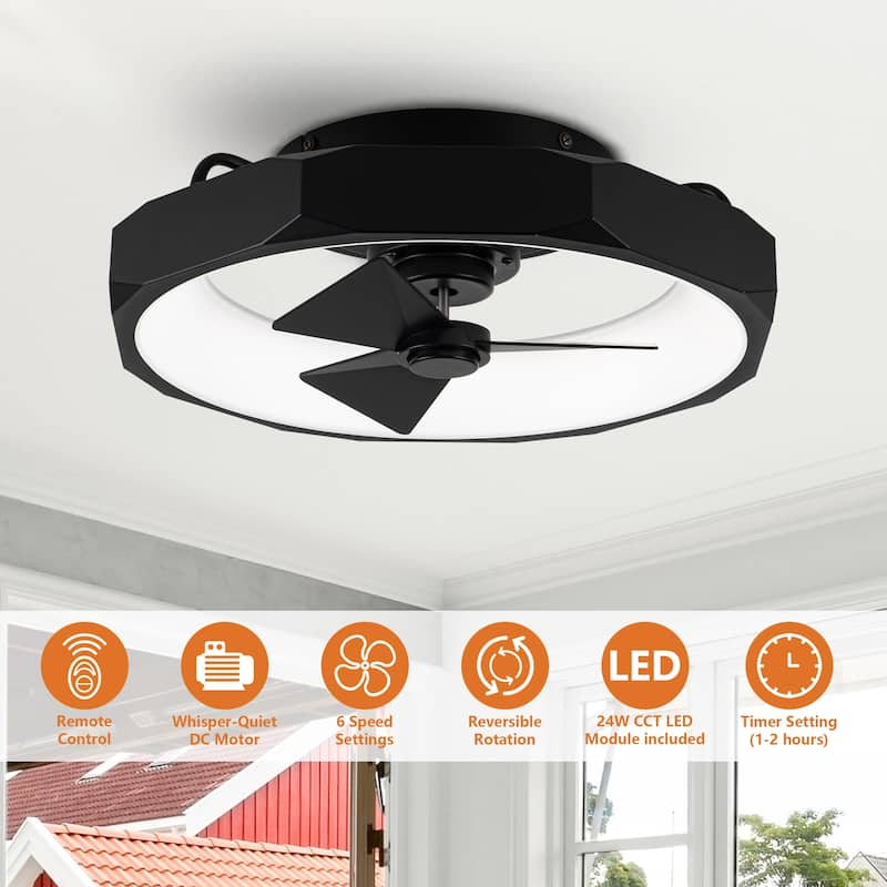 19" Modern Black Ultra Flush Mount Ceiling Fan with Light and Remote