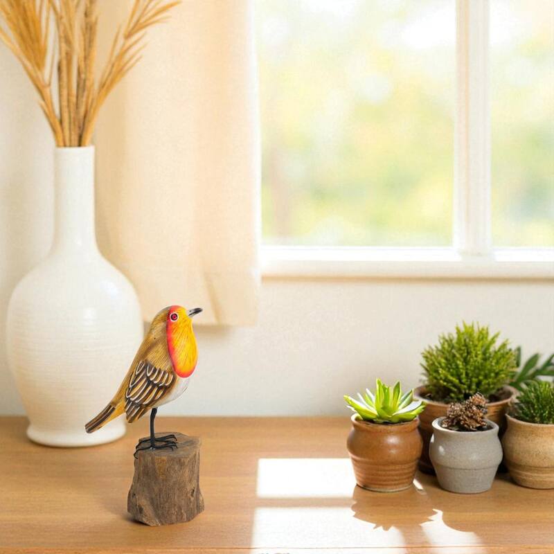 Wood European Robin Figurine - Hand Carved Songbird Sculpture, Rustic Bird Decor on Driftwood Base