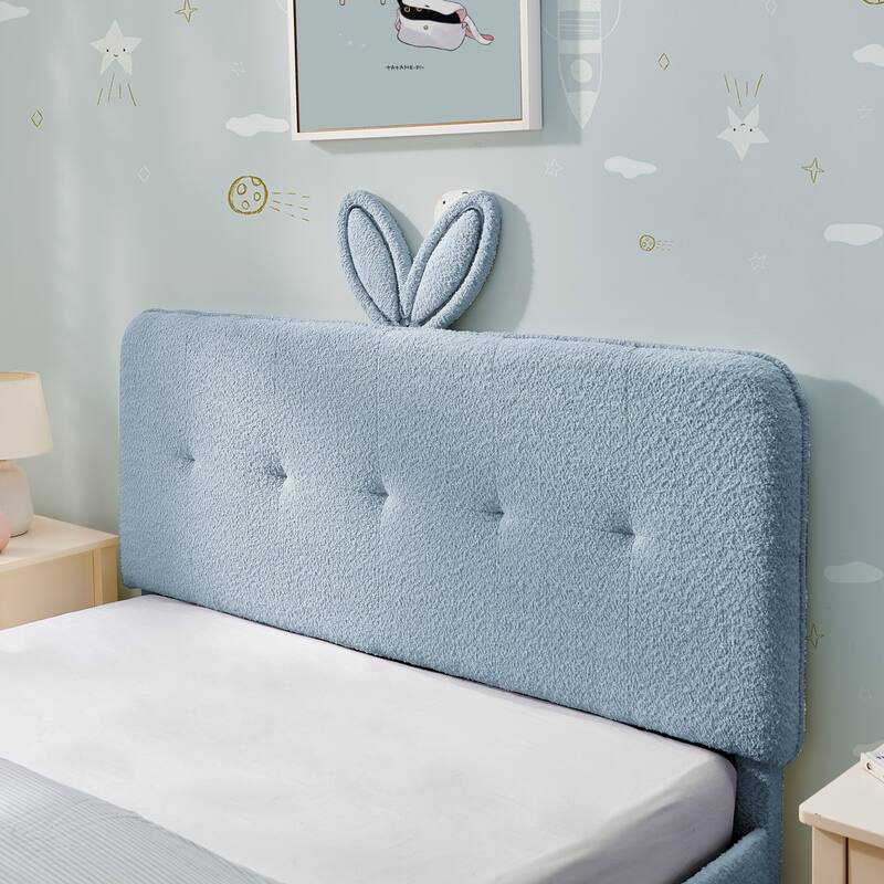 Kids Boucle Upholstered Bed with Rabbit Ear Headboard, LED Music Sync & 4 Drawers