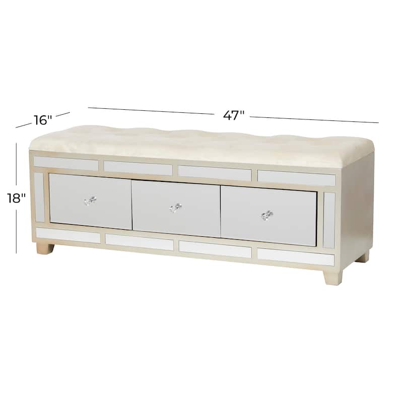 Gray or Cream Wood Mirrored 3 Drawer Bench with Upholstered Seat
