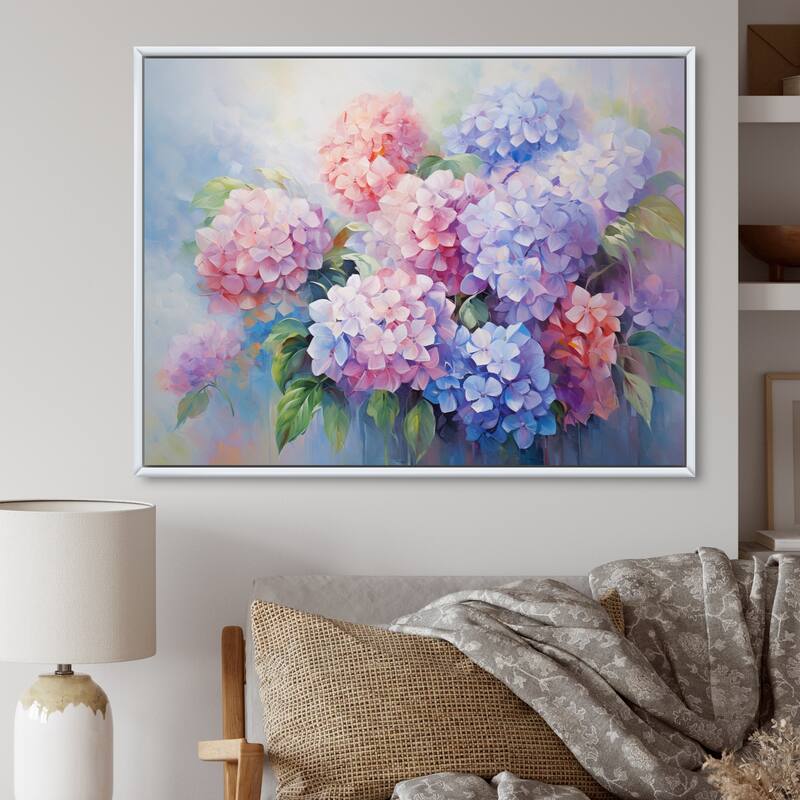 Designart "Purple Pink Hydrangea Romantic Impression" Floral Framed Wall Art Living Room - 20 in. wide x 12 in. high - White