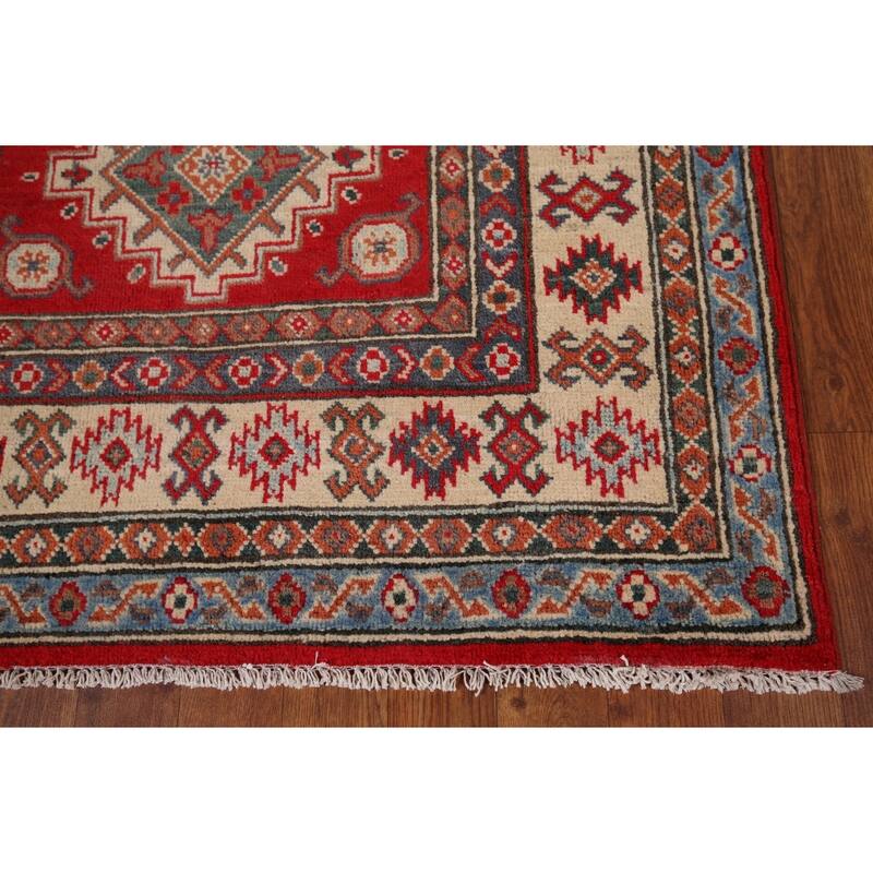 Red Geometric Kazak Oriental Rug Handmade Traditional Wool Carpet - 3'2" x 4'9"
