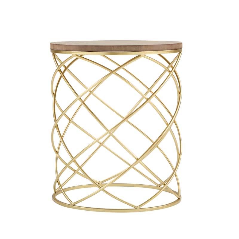 Modern Birdcage Shaped Side Table Golden Accent Table with Wood Round Top and Metal Mesh Base, Indoor Small End Table