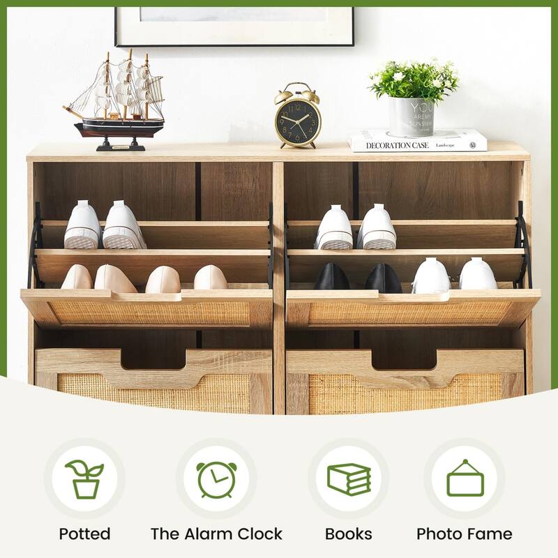 Natural Rattan 4 Flip Door Shoe Cabinet Organizer Freestanding, Modern Shoe Rack Storage Organizer - 39.4x9.4x34.6in