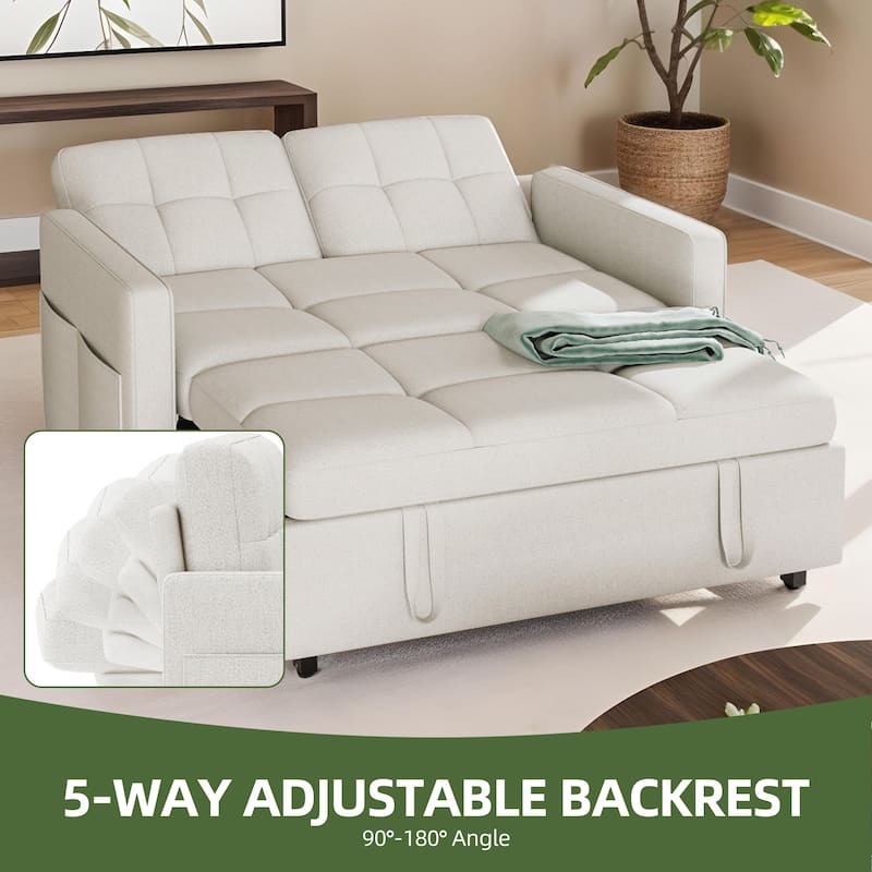 3-in-1 Sleeper Sofa with Iron Frame Pull-Out Bed, Linen Futon Couch with Reclining Backrest and Side Pocket