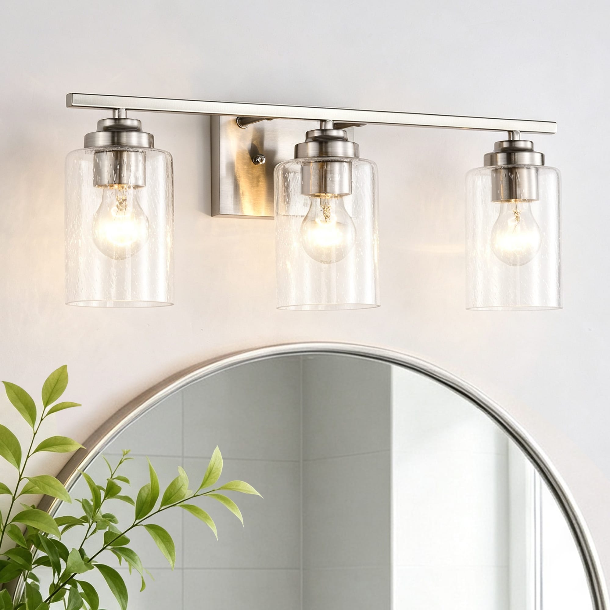 Brushed Nickel 3-Light Vanity Lights with Seedy Glass Shades