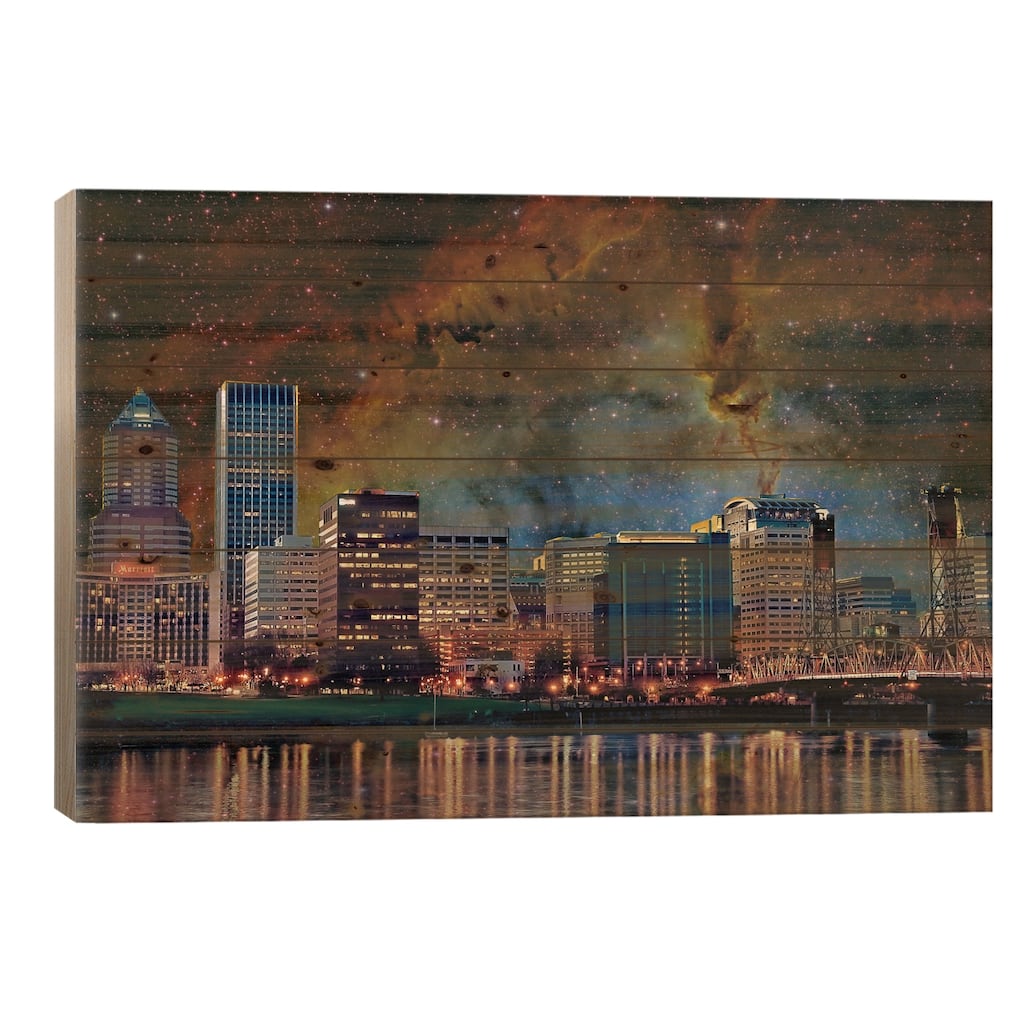 Portland, Oregon Elephant's Trunk Nebula Skyline Print On Wood by 5by5collective - Multi-Color