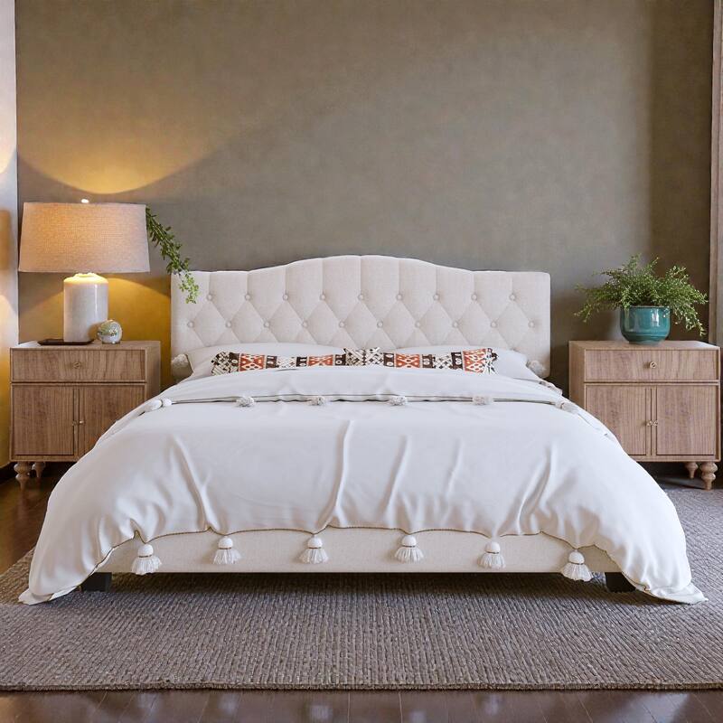 Upholstered Platform Bed with Adjustable Saddle-Curved Diamond Tufted Headboard, Wooden Slats and Metal Support - Beige - King