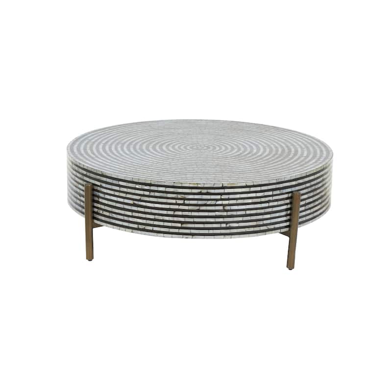 Mother of Pearl Shell Geometric Handmade Round Mosaic Inlay Coffee Table with Black Metal Legs - Roche River Decor - Silver