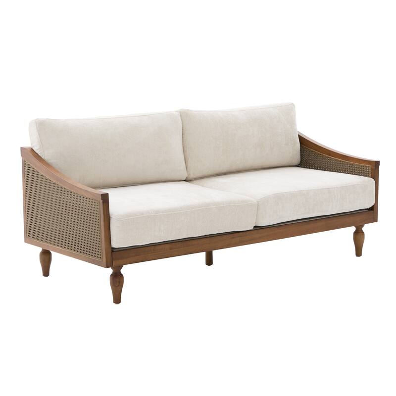 Roomfitters Mid-Century Modern Loveseat Sofa with Rattan Armrests, Solid Wood Frame