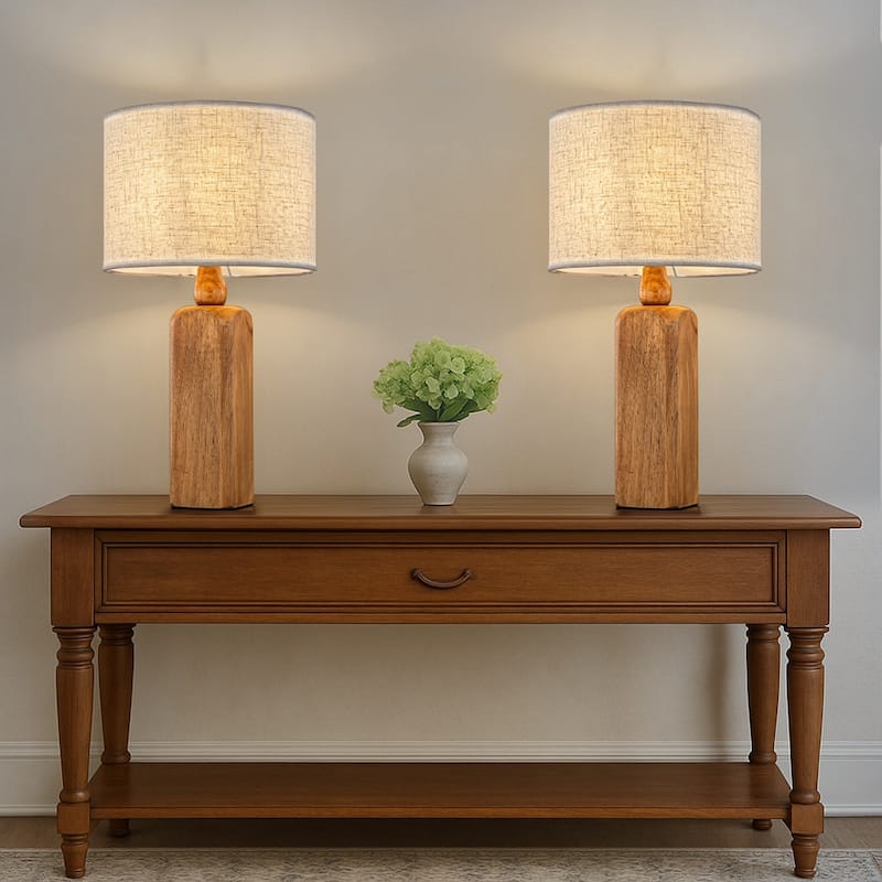 Farmhouse Traditional Natural Brown Solid Wood Base Table Lamp with Beige Fabric Shade for Bedroom Living Room（Set of 2)