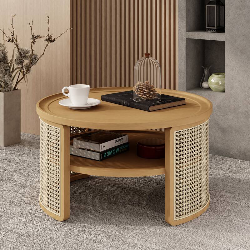 2-Tiered Round Coffee Table with Curved-Edge Top & Rattan Base, Boho Wood Center Table with Storage Shelf for Living Room