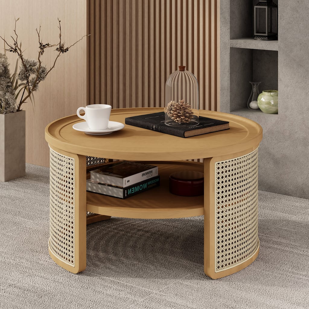 Round Cocktail Table Side Table with Open Shelf, Rustic Coffee Table End Table Sofa Table for Living Room