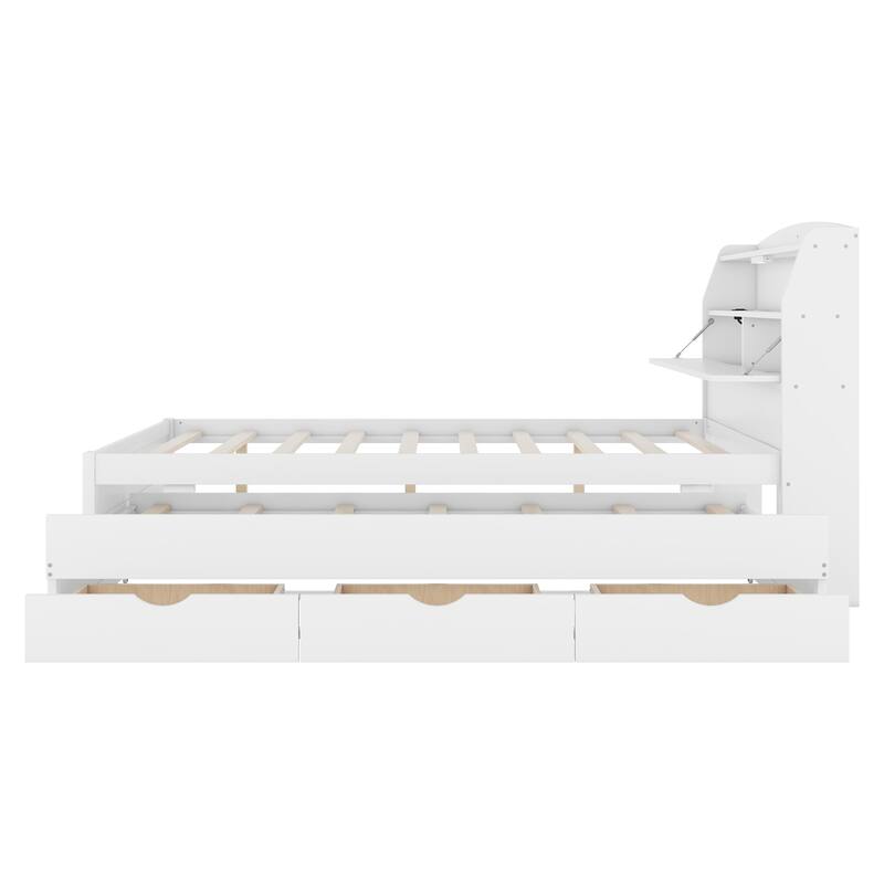 Wood Captain Bed Platform Bed with Trundle and 3 Drawers, Single Bed Frame with Storage Headboard and Integrated LED Light