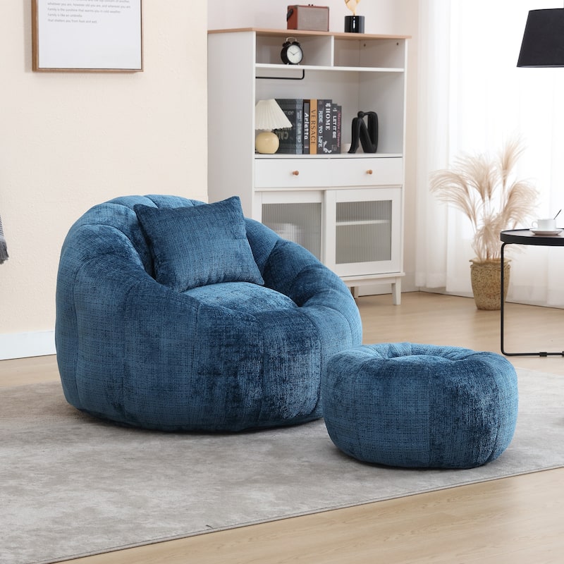 HOMEFUN Chenille Upholstered Round Lazy Cozy Bean Bag Chair with Ottoman and a Pillow - Navy