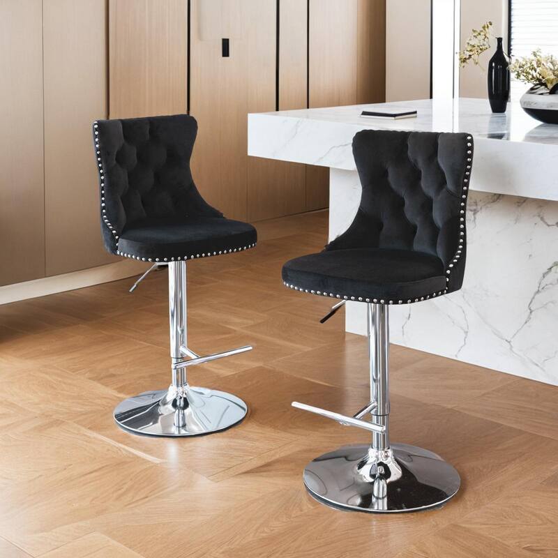 Swivel Velvet Barstools Adjusatble Seat Modern Upholstered Chrome base Bar Stools for Home Pub and Kitchen Island（Set of 2）