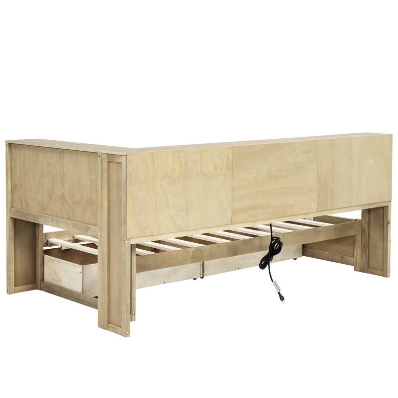 Twin Size Daybed with Built-in Charging Station, 2 Drawers & 5 Side Cabinets, Solid Wood Frame with USB & Outlet Ports
