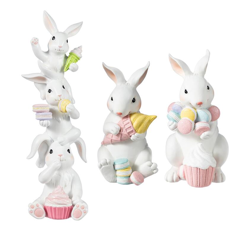 Glitzhome Easter Resin Bunny Holding Macaron Table Decor Stacked Rabbit Figurine - Set of 2