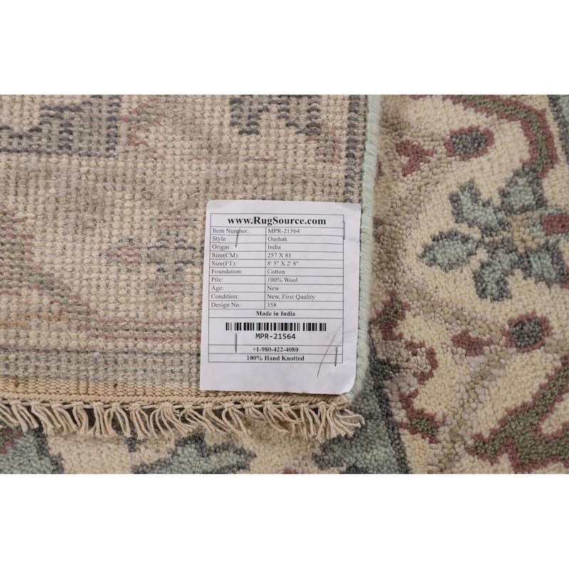 Turquoise Green Oushak Indian Runner Rug Hand-Knotted Wool Carpet - 2'8"x 8'5"