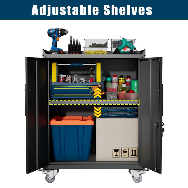 Black Metal Rolling Garage Storage Cabinet with Adjustable Shelves and Lockable Door - 30.31 x 18.11 x 35.40 in (L x W x H)