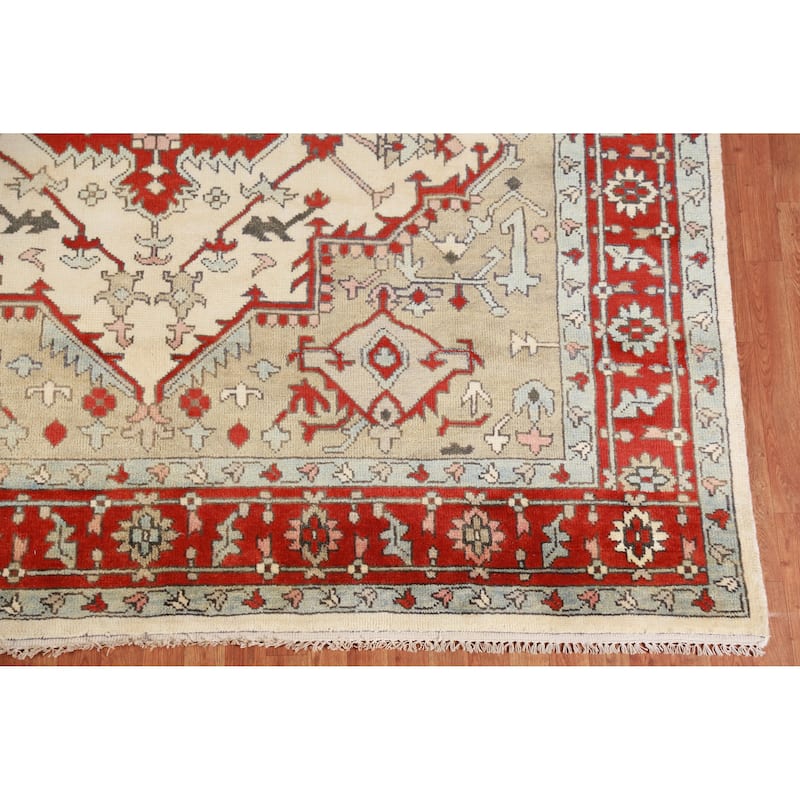 Hand Knotted Oriental 100% Wool Carpet Traditional Medallion Beige & Ivories Heriz (serapi) Area Rug - 11' 9'' X 8' 9''