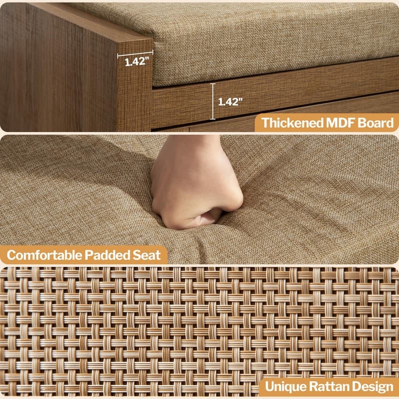 Rattan Shoe Bench - 14.8"D x 31"W x 19.7"H - 14.8"D x 31"W x 19.7"H - Reclaimed Caramel Oak