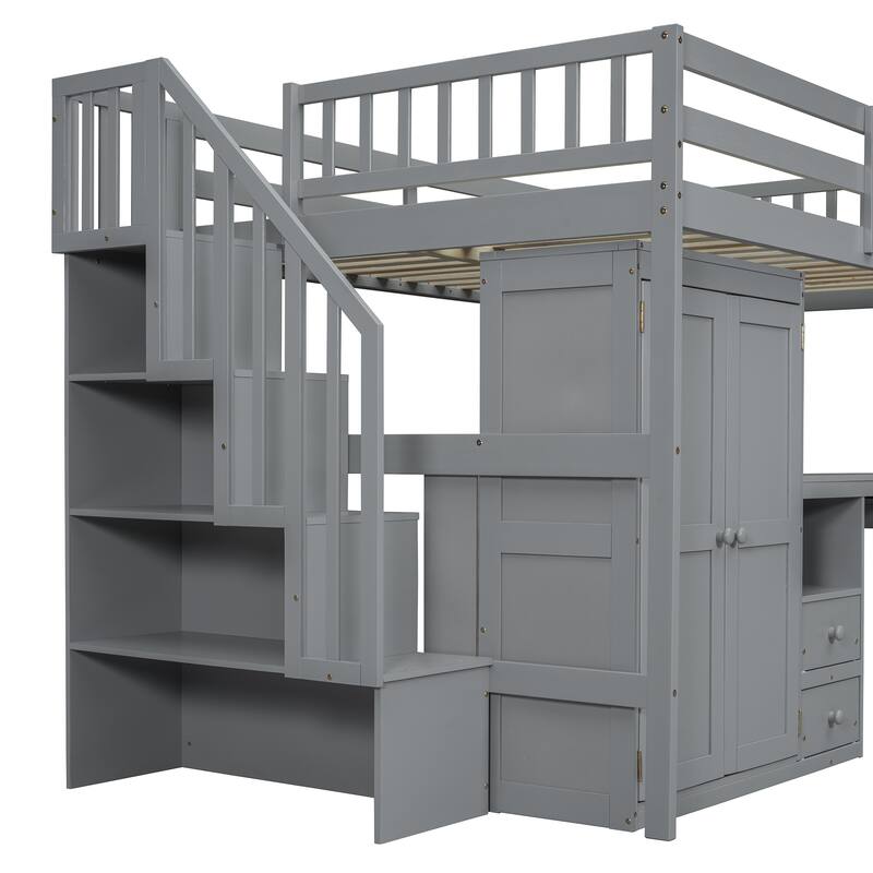 Full Loft Bed with Stairs & Built-in Desk and 5-in-1 Storage, 350lb Capacity