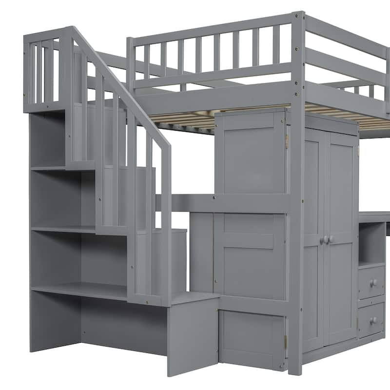 Twin/Full Size Wooden Loft Bed with Stairway and Bookshelf, Solid Pinewood Storage Playhouse Bed Frame with Desk and Wardrobe