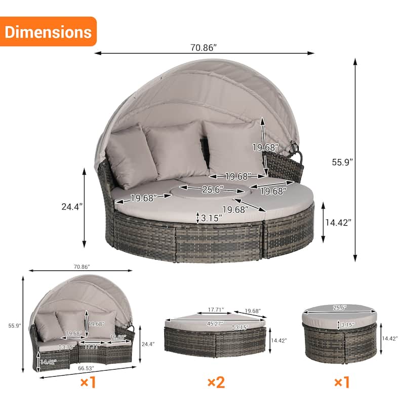 Outdoor Rattan Daybed Round Sunbed with Retractable Canopy, 5 Piece Sectional Patio Conversation Set with Storable Table