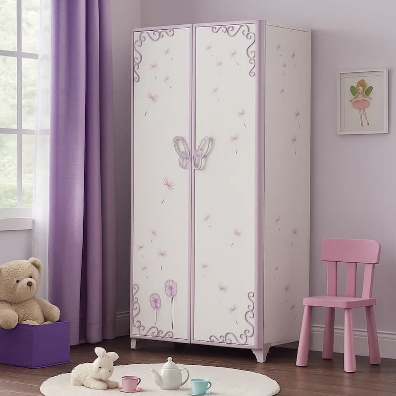 Metal Armoire with Butterfly Handle and Dandelions, White and Purple