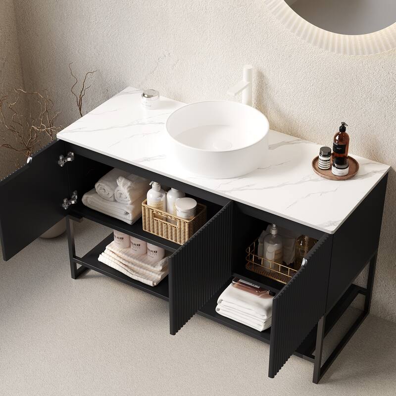 Bathroom Vanity with Round Ceramic Basin and Artificial Marble Countertop, Freestanding 3 Doors Storage Cabinet with Open Shelf
