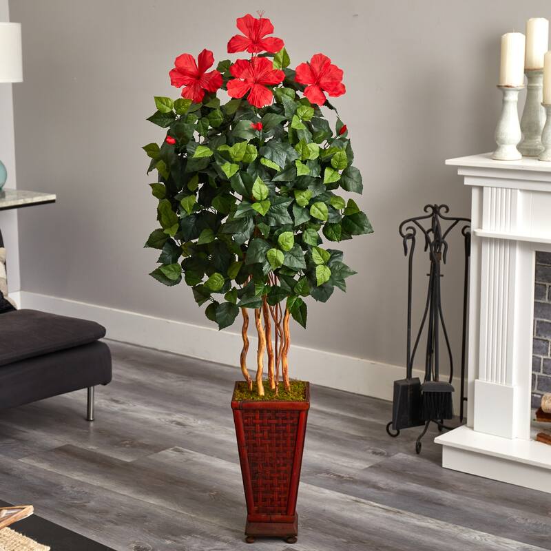 Artificial Hibiscus Tree 5ft, Red Bloom Topiary with Wooden Planter, Indoor Decor - Green - 41-50 Inches