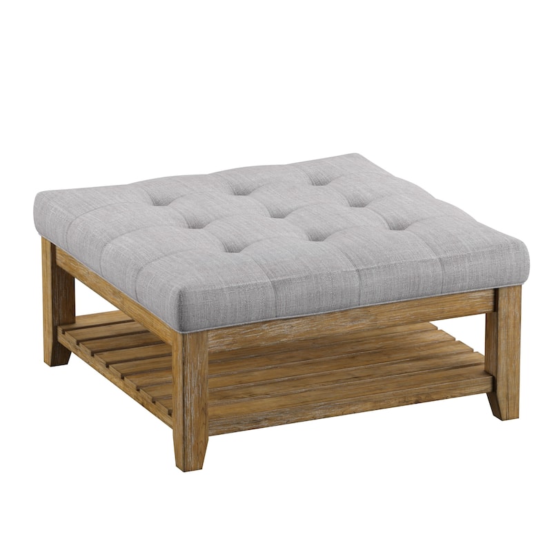 Lennon Pine Planked Ottoman Coffee Table by iNSPIRE Q Artisan - [Grey Linen]- Dimpled Tufts - Grey Linen- Dimpled Tufts