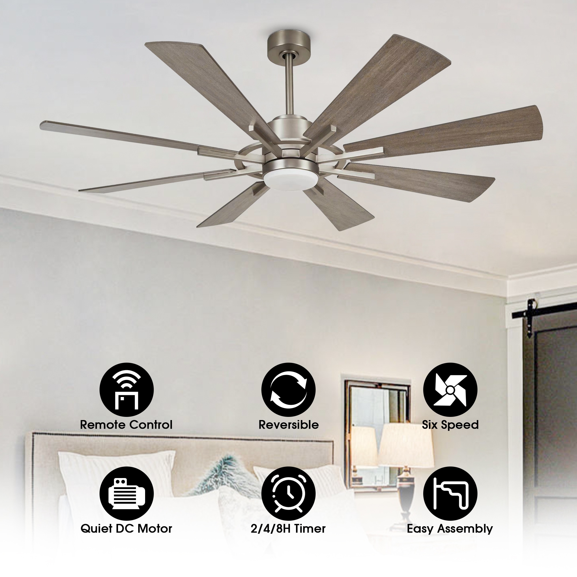 60-in Farmhouse 8-Blade Nickel Windmill LED Ceiling Fan with Light