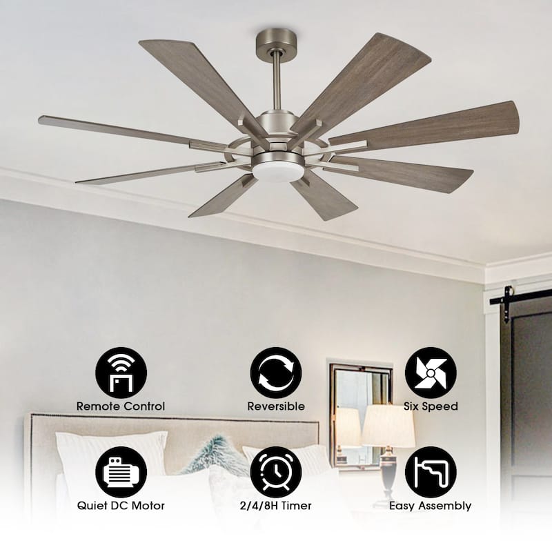 60-in Farmhouse 8-Blade Nickel Windmill LED Ceiling Fan with Light and Remote
