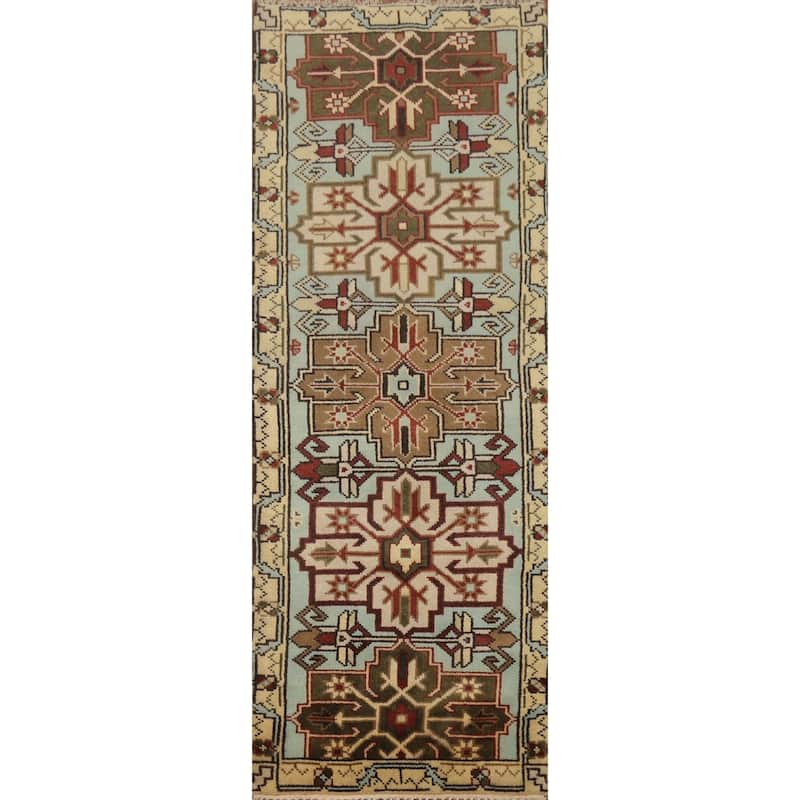 Hand Knotted Oriental 100% Wool Carpet Traditional Geometric Navy Blue & Blues Kazak Runner Rug - 7' 11'' X 2' 6''