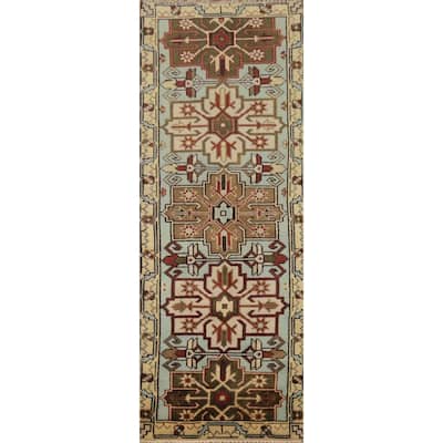 Hand Knotted Oriental 100% Wool Carpet Traditional Geometric Navy Blue & Blues Kazak Runner Rug - 7' 11'' X 2' 6''