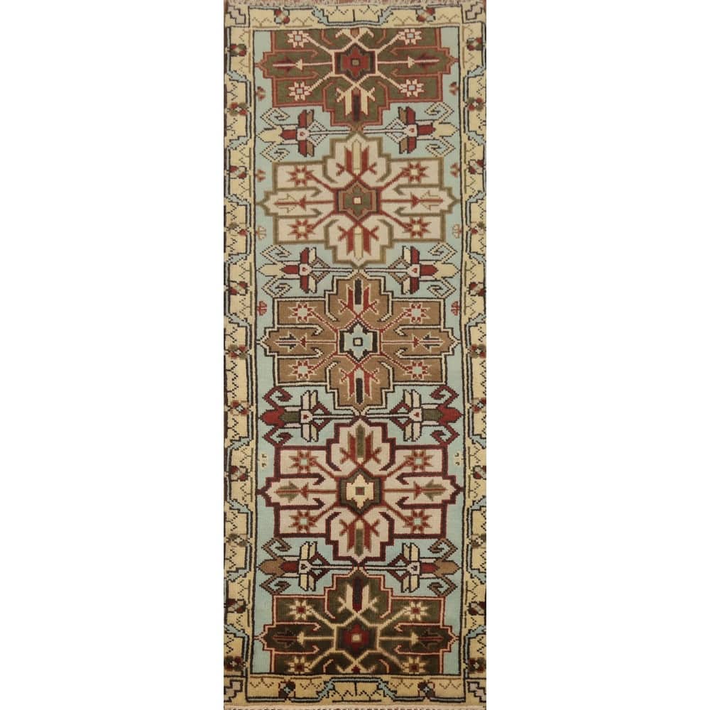 Hand Knotted Oriental 100% Wool Carpet Traditional Geometric Navy Blue & Blues Kazak Runner Rug - 7' 11'' X 2' 6''