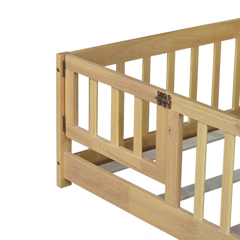 Twin Size Floor Bed with Fence and Door,Rubber Wood Floor Bed with Safety Guardrails
