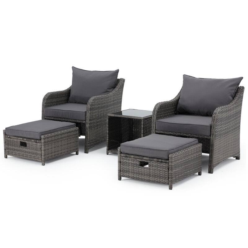 EROMMY 5-Piece Wicker Patio Furniture Set with Cushions - Rattan Chairs, Ottoman & Side Table for Balcony, Outdoor Lounge Set