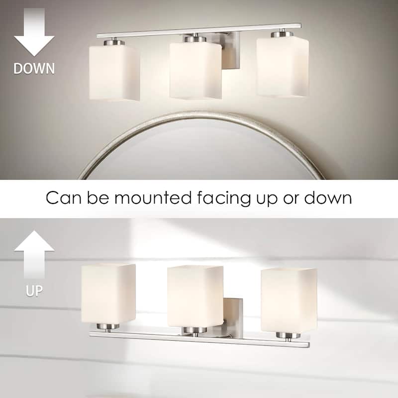 Brushed Nickel Indoor Bathroom Vanity Lights with Etched White Glass Square Rectangle Shades