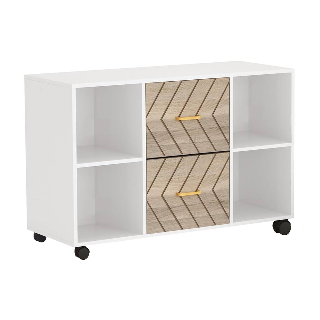 File Cabinet, 4 Storage Shelves, 2 Brown Drawers, Wheel Base 39 Inch