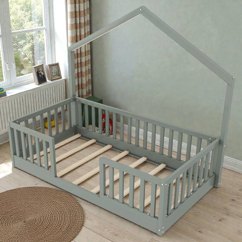Wood Floor Bed with High Guardrails and LED Light, Montessori Style Low Profile Bed for Kids
