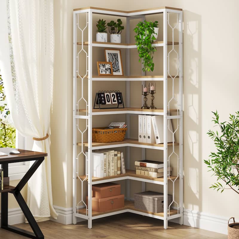 7-Tier Corner Bookshelf, White Corner Shelf Modern Etagere Bookcase