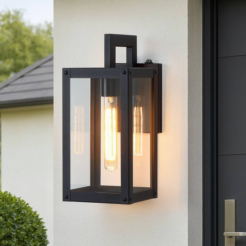 Dusk to Dawn Outdoor Wall Lantern Light - 13.5 in. H - 13.5 in. H - Powder-coated black