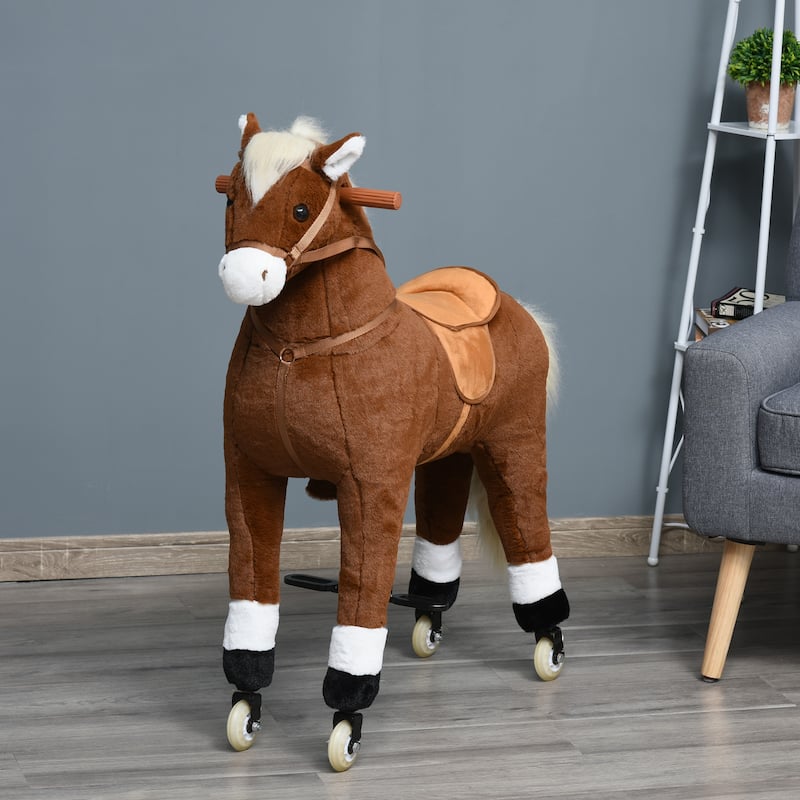Interactive Large Ride-On Rocking Horse for Kids Aged 5-16, Plush Body with Rolling Wheels
