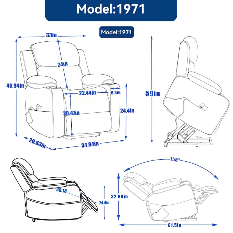 Chenille Power Lift Recliner Chair, Heavy Duty Recliner Chair with Heat & Massage, Lounge Chair with USB Ports & Cup Holders