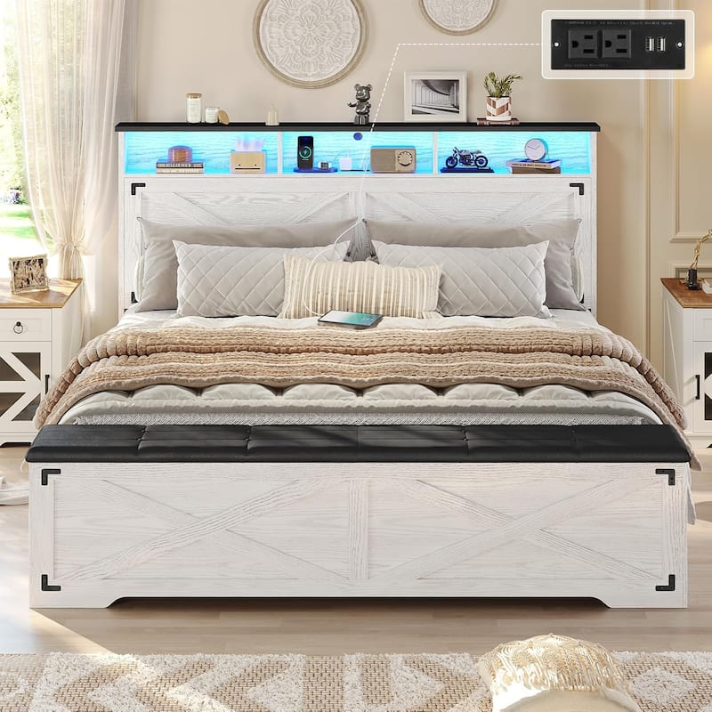 Bed Frame with Storage Ottoman Charging Station and Led Light