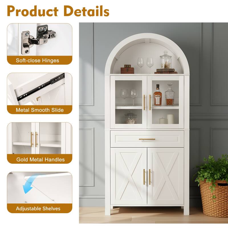 Roomfitters 71" Tall Arched Farmhouse Pantry Cabinet with Glass Barn Doors & Pull-Out Drawer